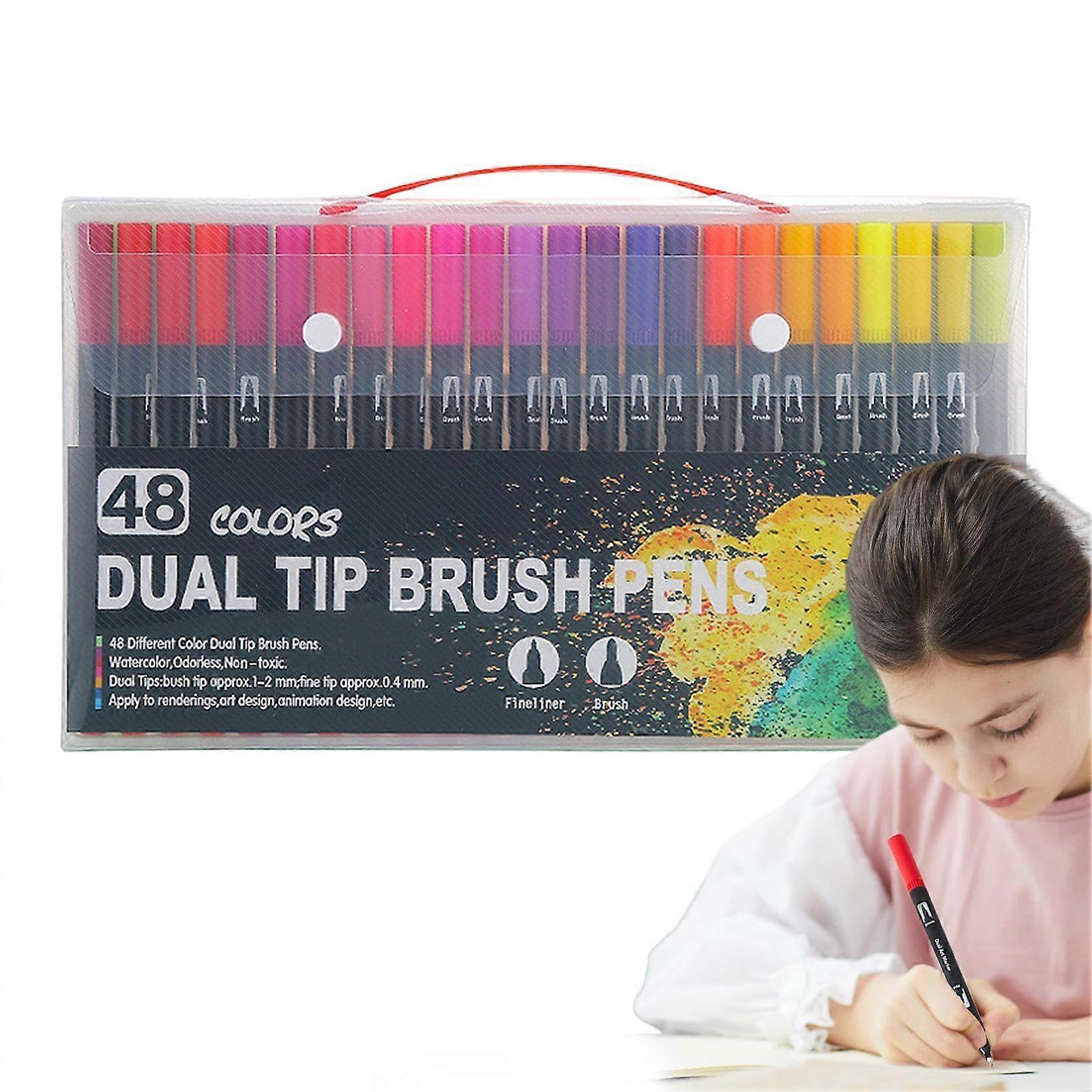 Marker Set Dual-Tip Fine Tip And Brush Markers For Artists And Kids, 48 Colors, Numbered Neck