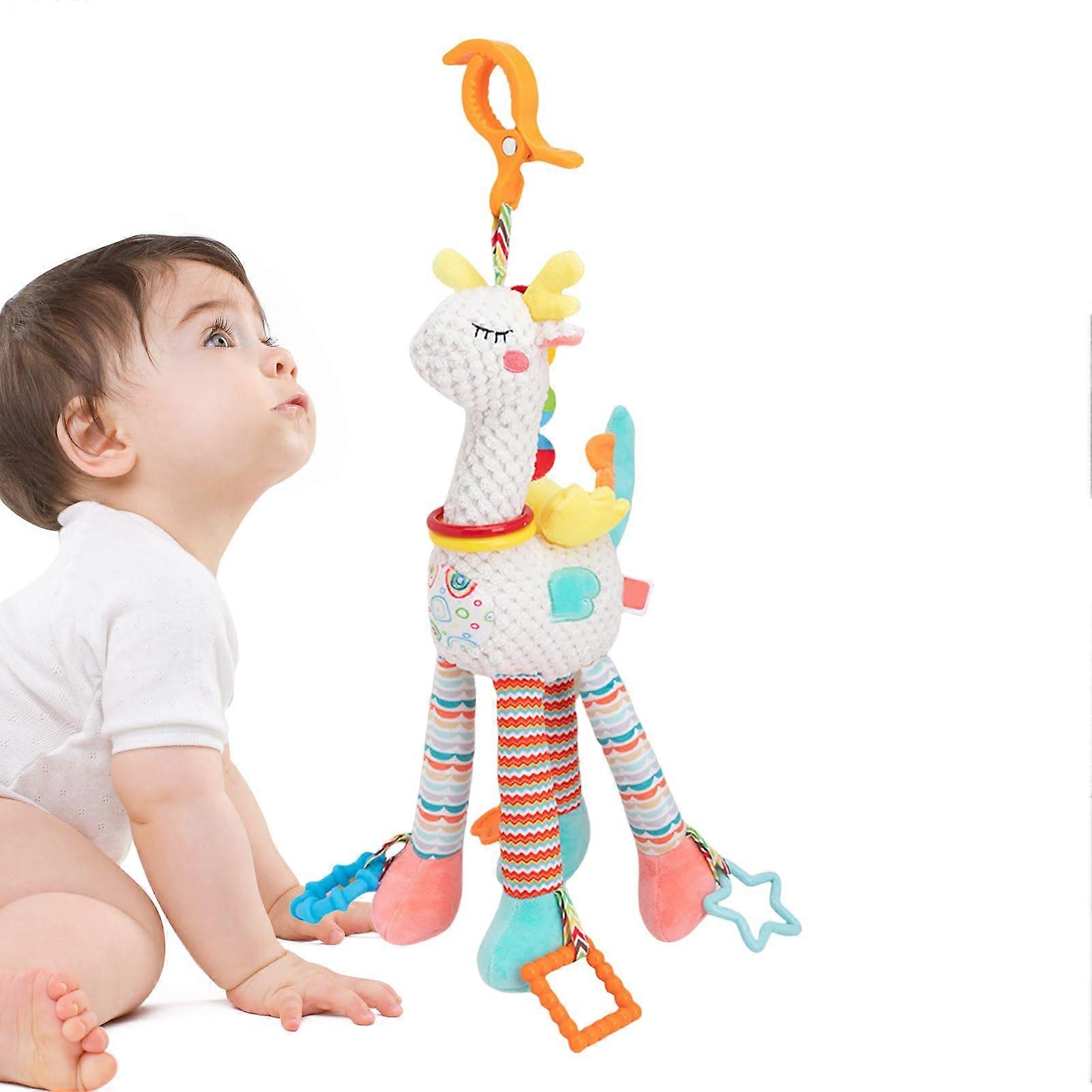 Baby Rattle Car Seat Mobile For Babies, Travel Toy With Wind Chime, Soft Plush Crinkle Rattle And Textured Sensory Surfaces, White