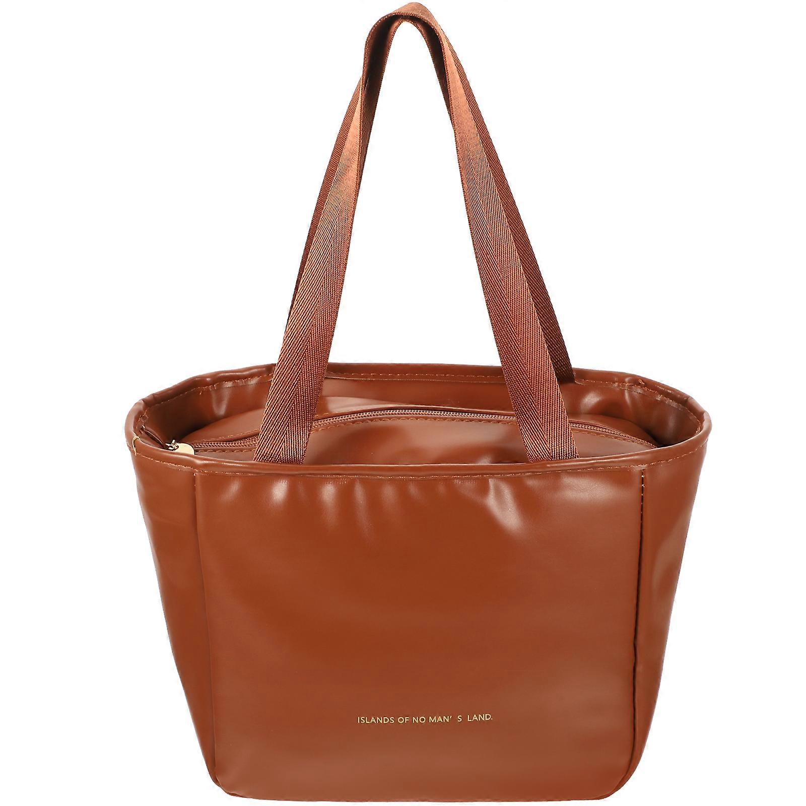 Reusable Lunch Bag with Zipper and Double Handles for Storage Coffee Color PU Material 1 Piece