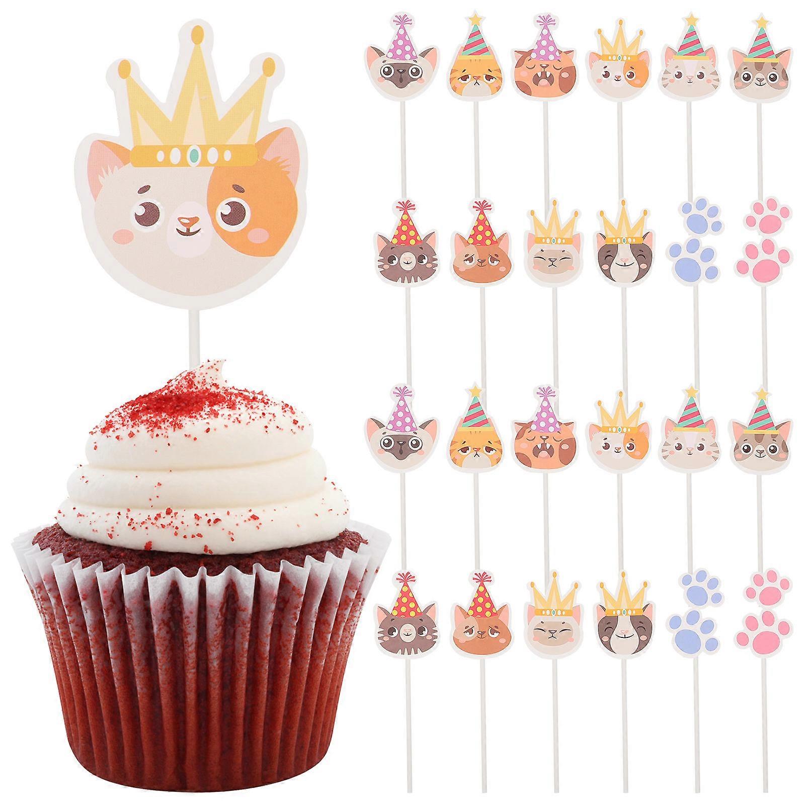 Cupcake Decor with Cartoon Cat Pattern Assorted Color Food Grade Paper and Bamboo 24 Pieces