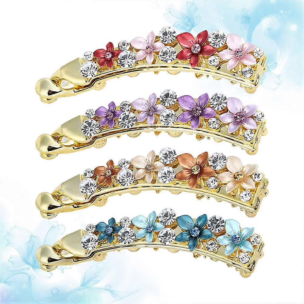 Flower Crystal Banana Clips for Women Girls in Assorted Colors Made from Zinc Alloy 4 Pieces