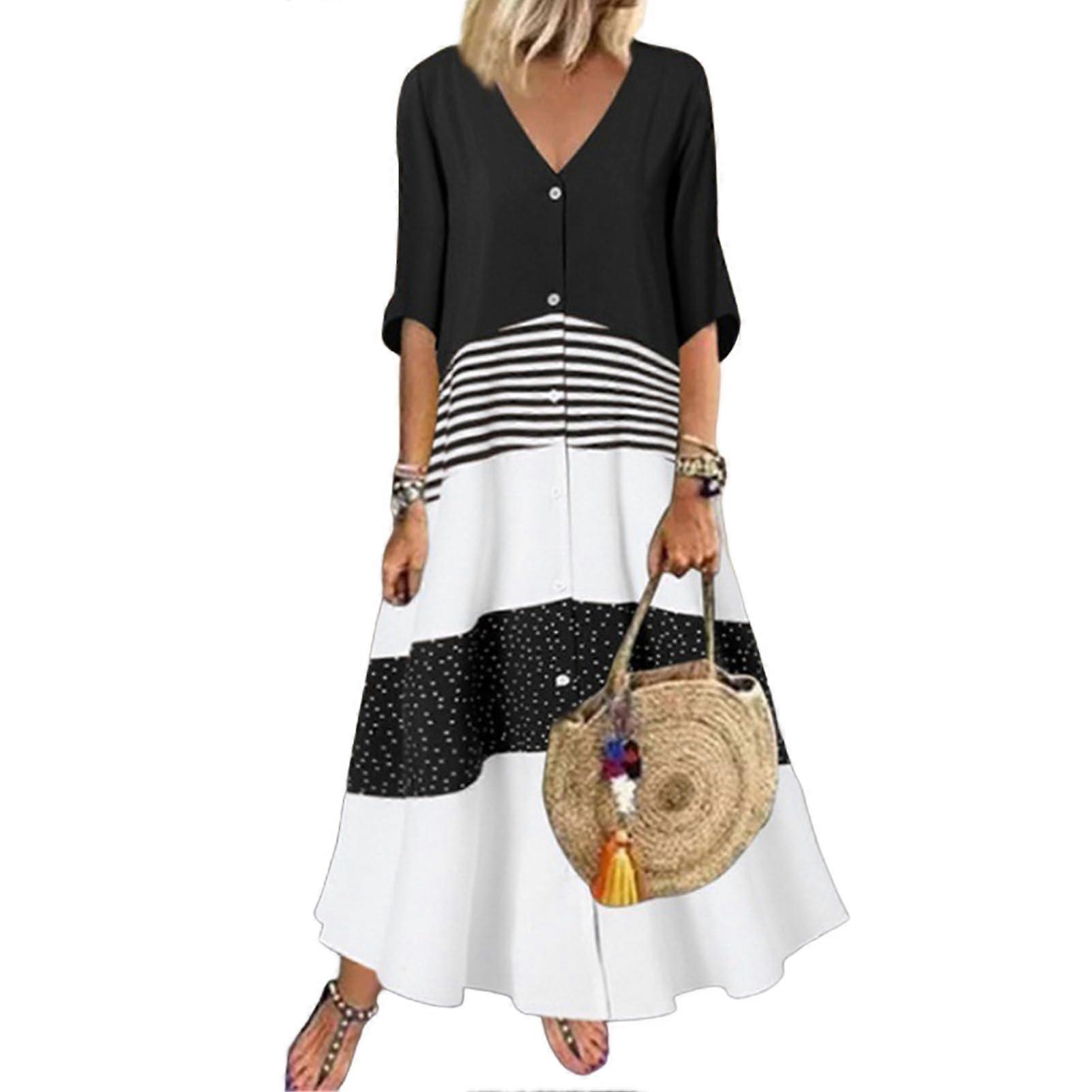 Women's Summer Maxi Dress Lightweight Fabric Casual Loose V-Neck Long Stripes A-Line with Button Design Short Sleeve Schwarz M