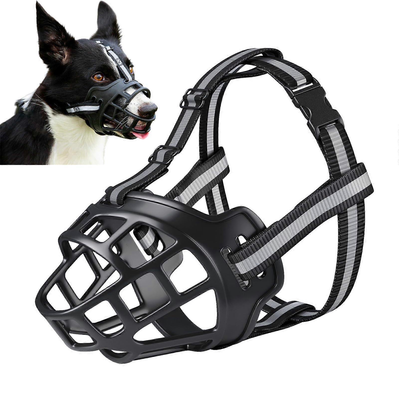 Adjustable Muzzle for Medium Breeds, Black Breathable Design with Reflective Stripes to Prevent Barking and Biting