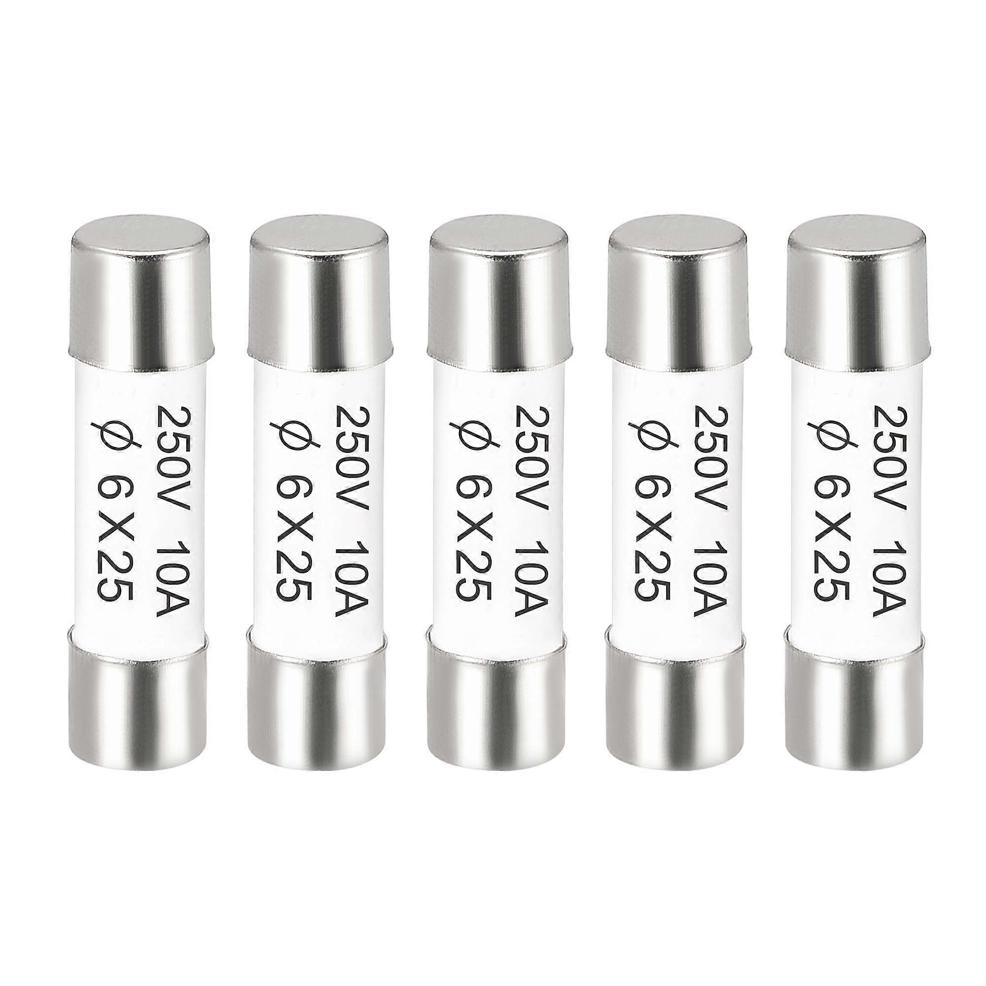 Ceramic Cartridge Fuses 10A 250V 6x25mm for Amplifiers and Energy Saving Ballast, Pack of 5