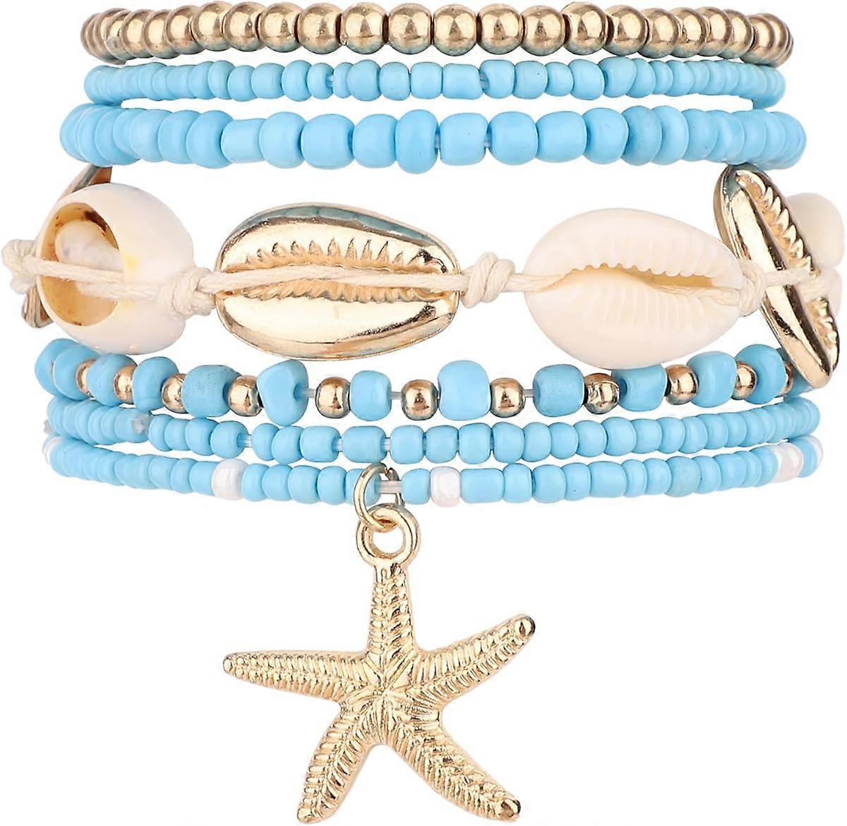 7pcs Summer Beach Bracelets, Stackable Beaded Sea Shell Starfish Surfe