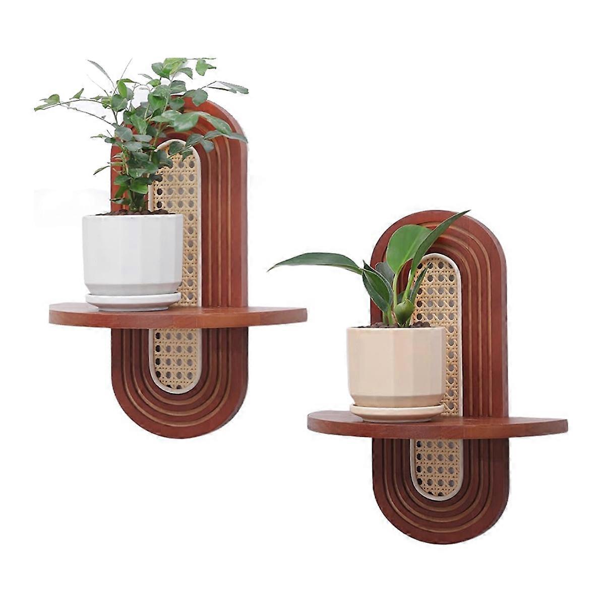 Wall Rattan Shelf Set of 2,Boho Rustic Wood Floating Shelves Wall Mounted, Small Plants Picture Ledge Decoration
