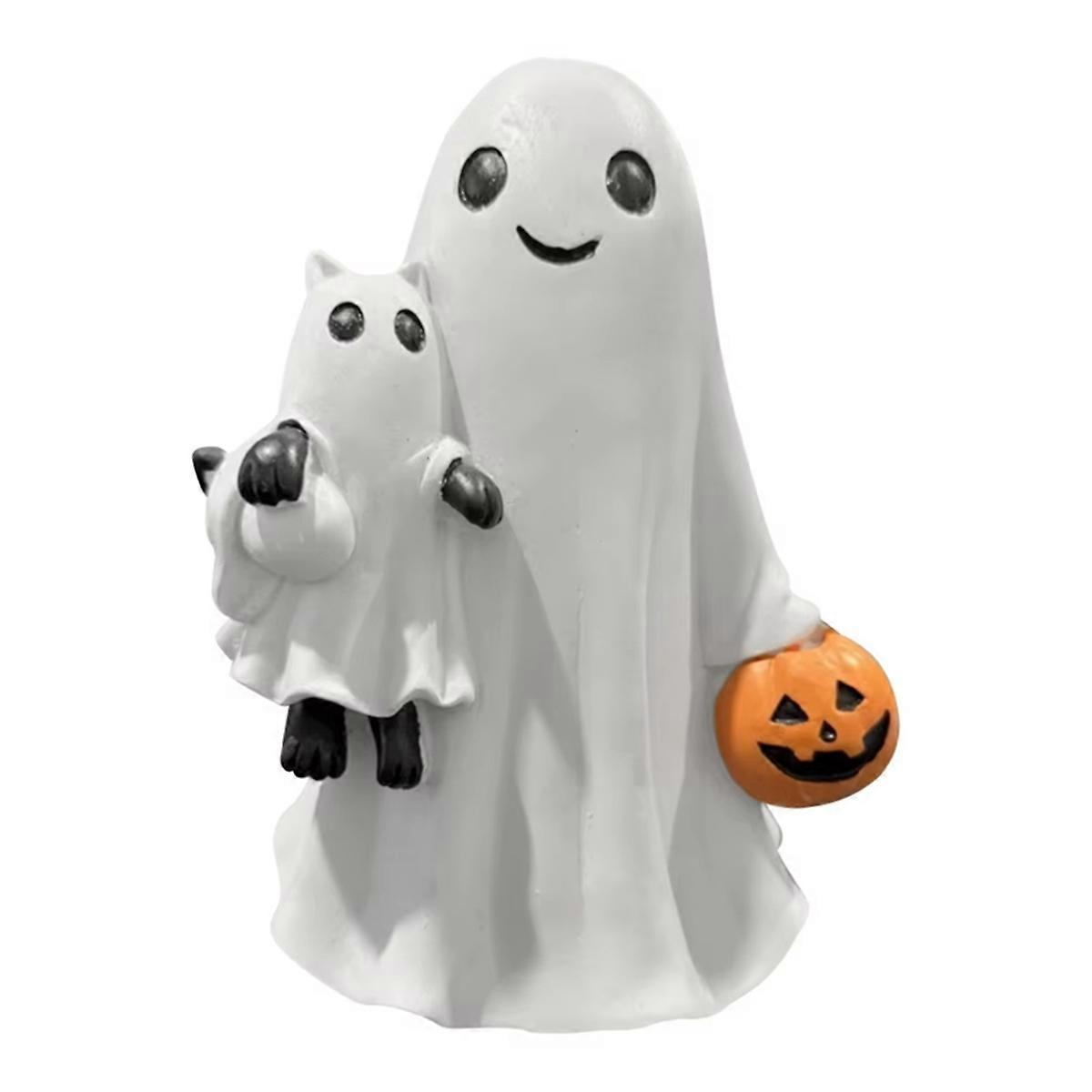 Halloween Spooky Ghost Resin Figurine with Pumpkin Ghost Statue Hugging Cat for Party Home Bedroom Shelf Table Figurine