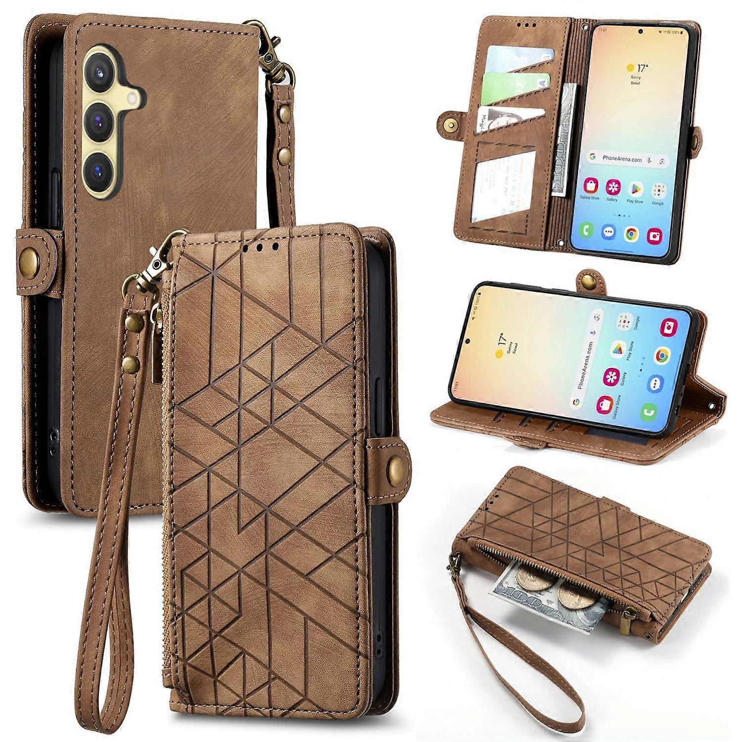 Για Samsung Galaxy S25 FE 5G Leatherette Design Θήκη Βιβλίου με φερμουάρ Καφέ