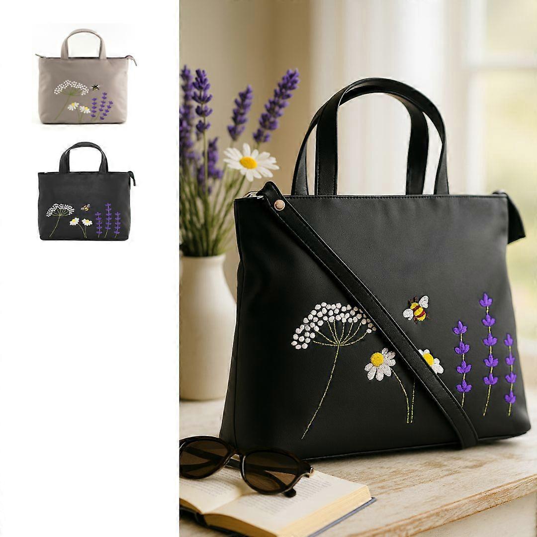 Mala Leather Blossom Floral Bee Multiway Grab Bag Genuine Leather Detachable Shoulder Strap External Phone Pocket Black/Grey 30 x 23 x 9 cm