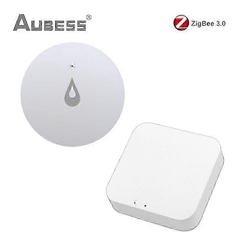 Aubess Tuya Zigbee water leak detector with flood alarm, ensuring wireless home safety and leak prevention.