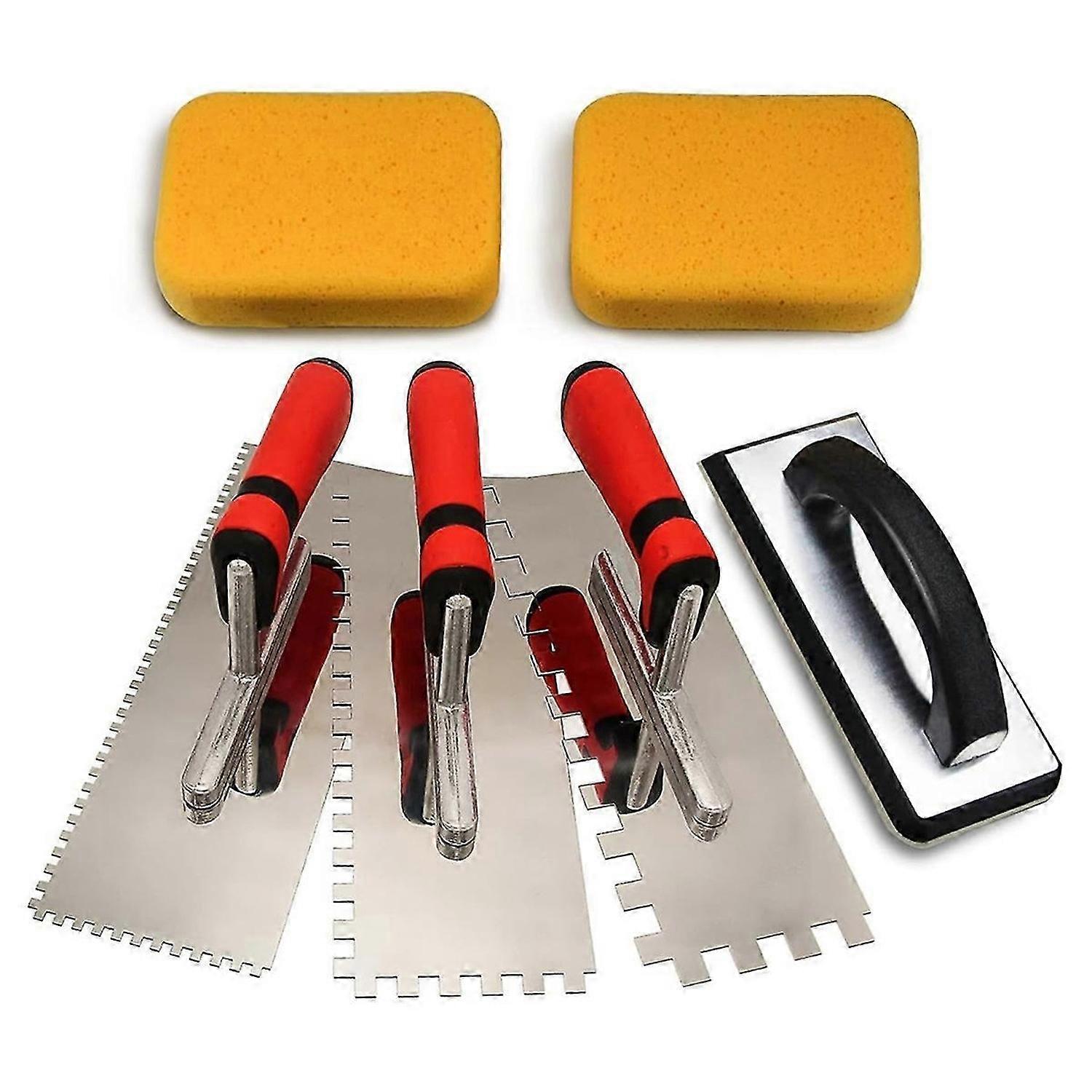 6pcs Tile Tools,Stainless Steel Square Notched Trowel Set,Grout Float and Grout Sponge for Tiling Installation Grouting