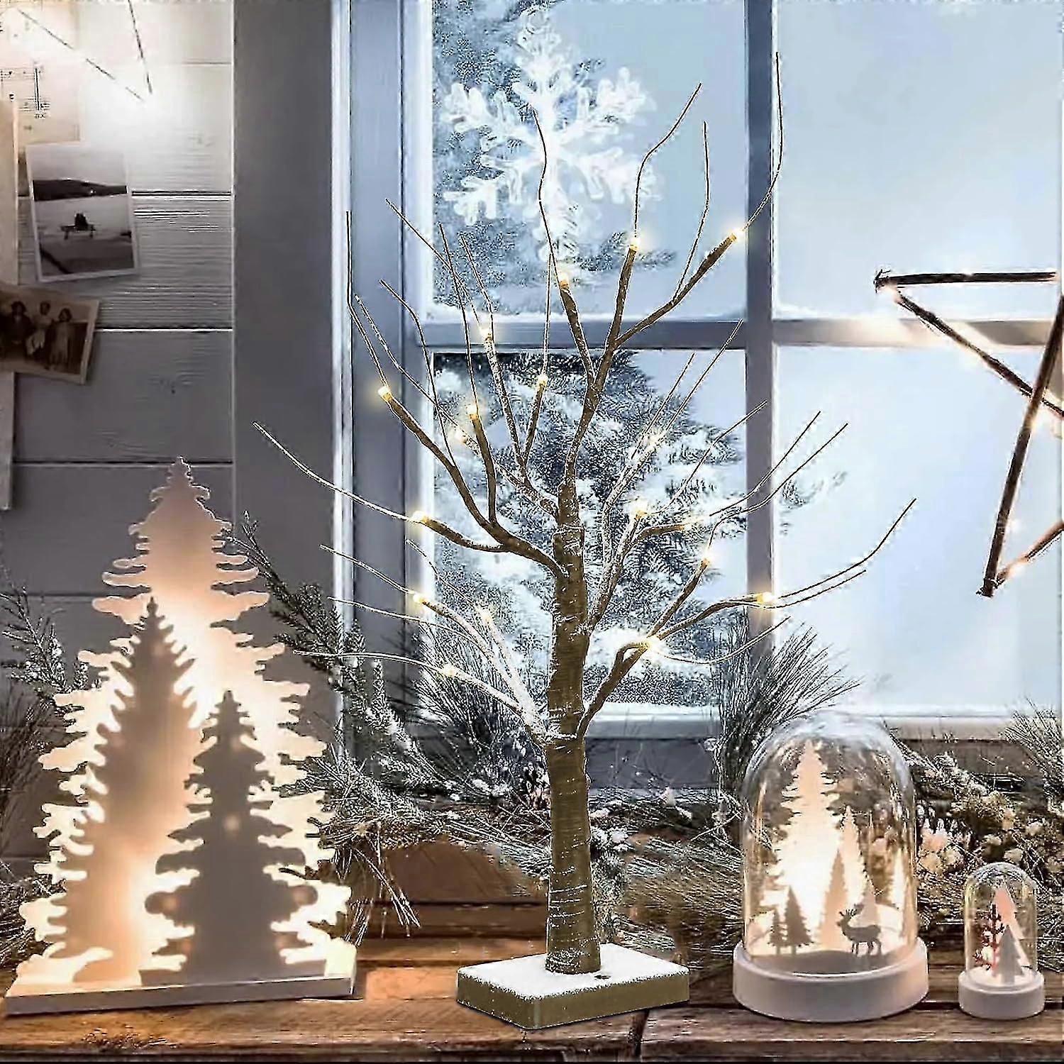 Winter Decorations for Home, 24IN Lighted Brown Birch Snowy Tree Decor, 2FT Pre-lit Xmas Snow Trees with Battery Powered Timer for Christmas Tabletop