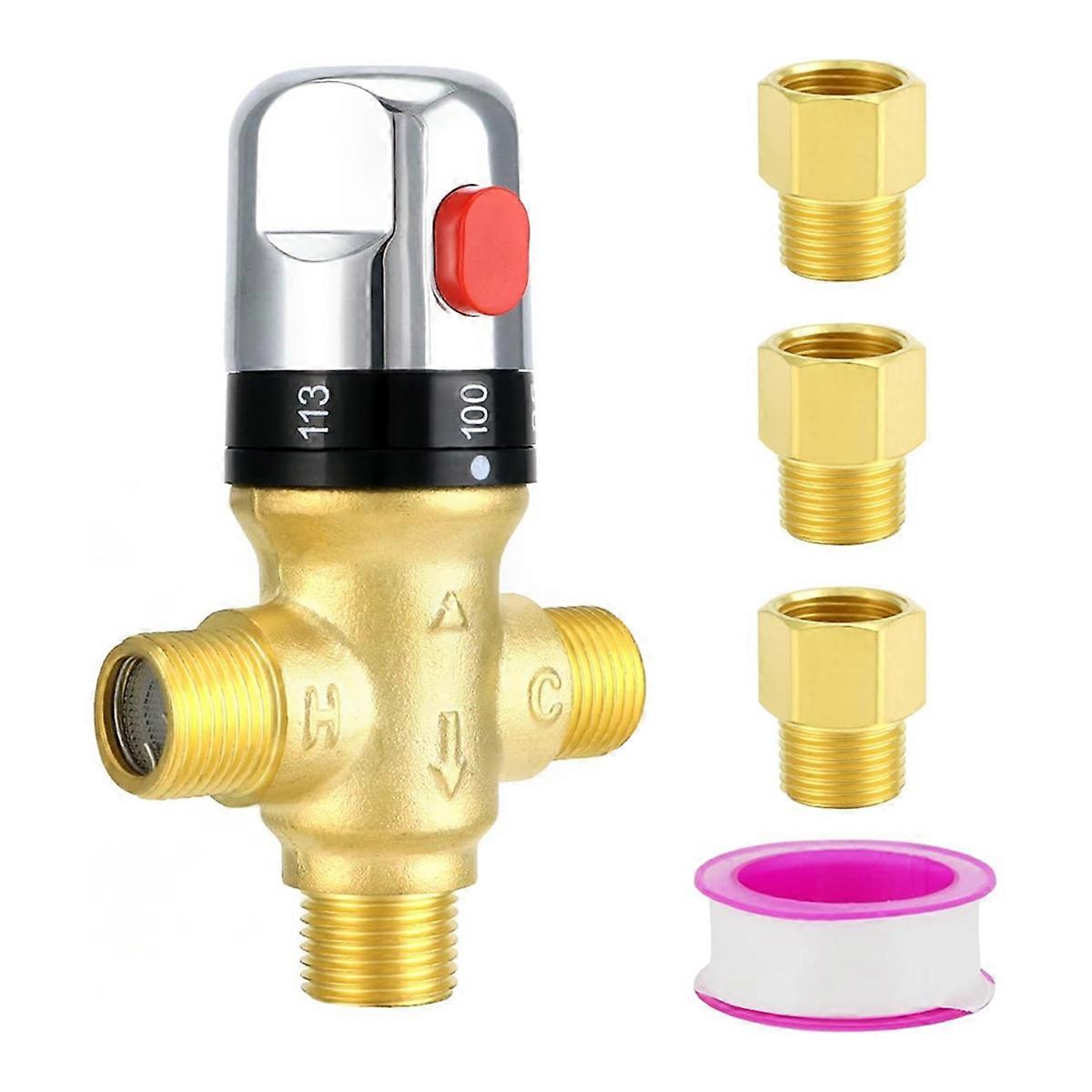 Thermostatic Mixing Valve, Solid Brass Pipe Water Valve with Temperature Control - 1/2 NPT - Include