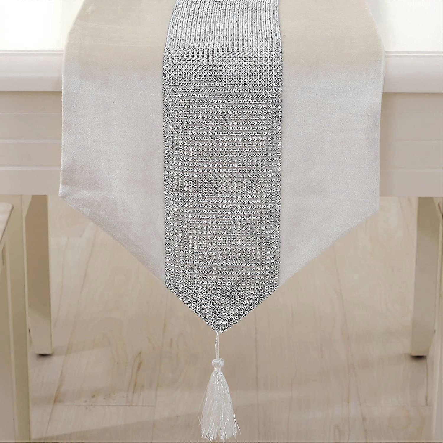 Sequin Rhinestone Diamond Table Runner (13" X 82", Rice White)