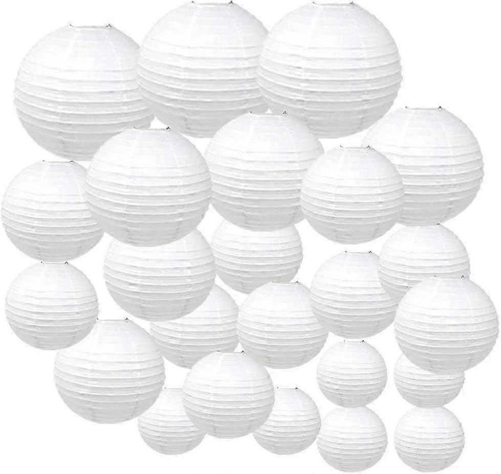 Decorative Round Chinese Paper Lanterns 24pcs Assorted Sizes - White