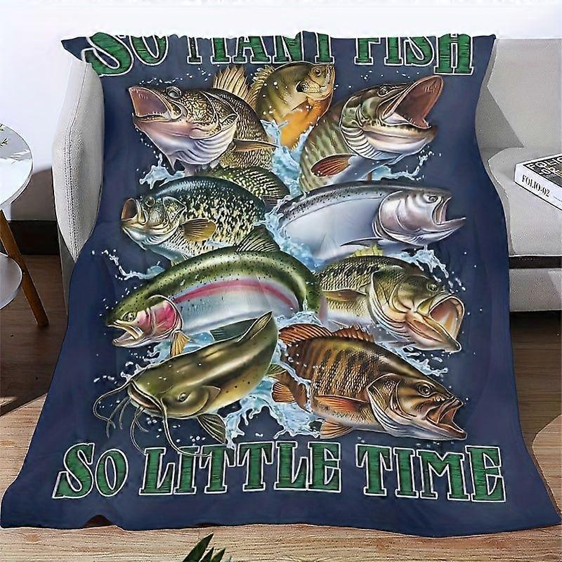 4-Size Luxury Cozy Bohemian Flannel Throw Blanket - "So Many Fish So Little Time" Vibrant Fish Print, Soft Machine-Washa-azxcv281