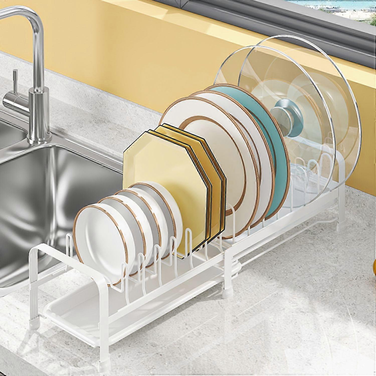 Expandable Compact Dish Drying Rack with Drain Board, RustResistant Steel, White Kitchen Organizer