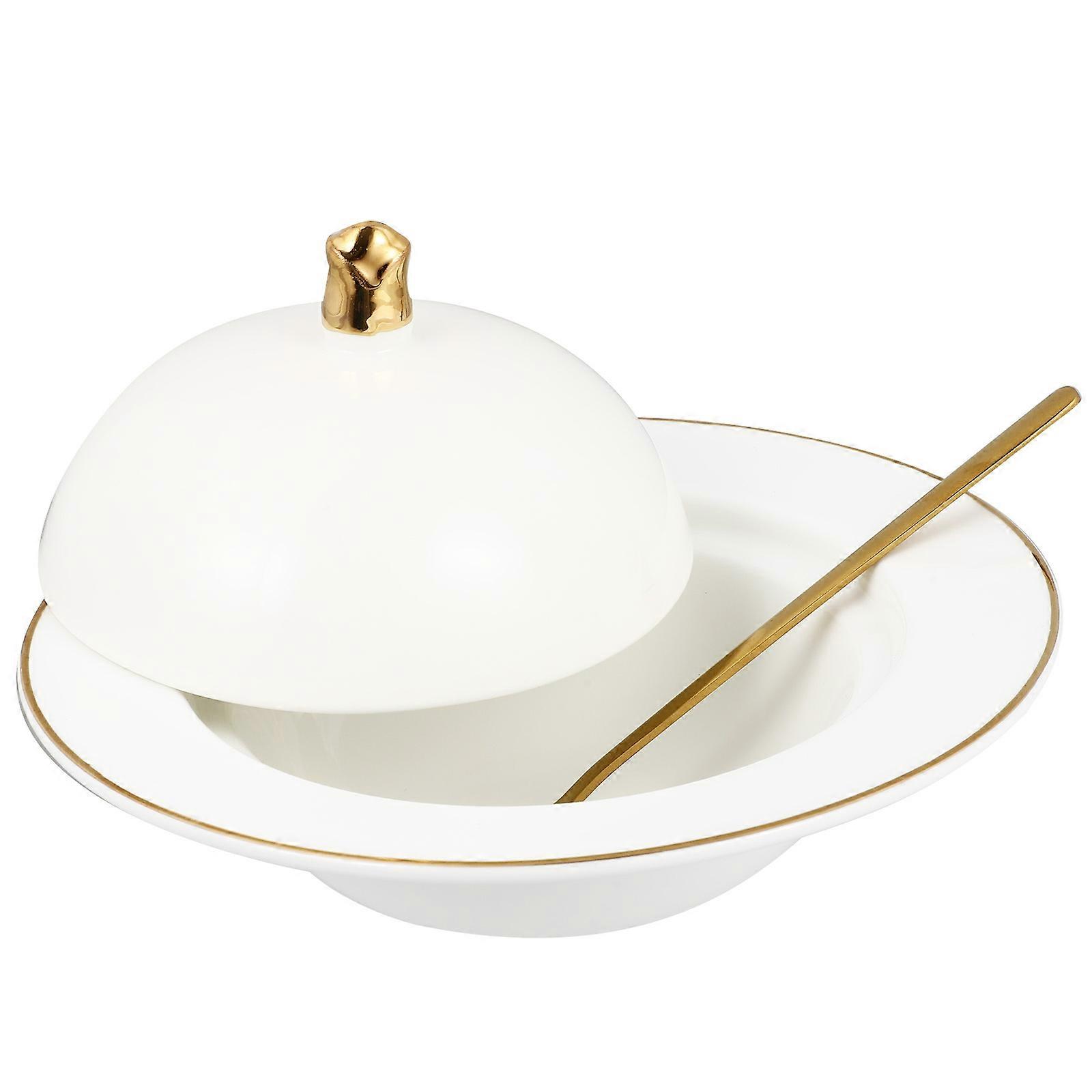 Kitchen Tableware Ceramic Soup Bowl with Lid 3Pcs White Stewing Pot