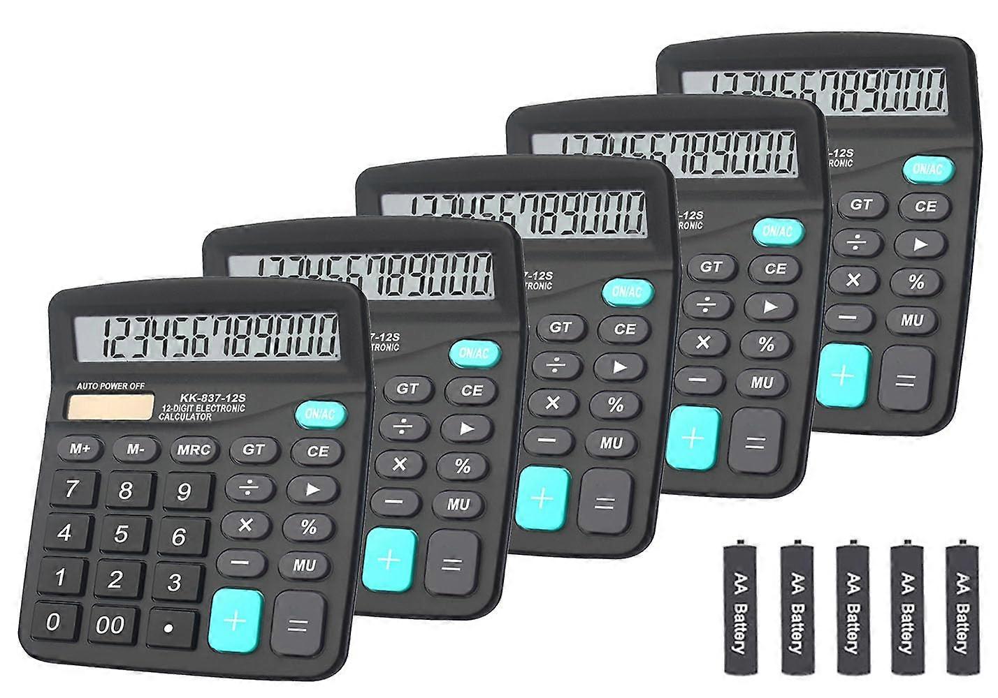 Large Button Calculator with Angled LCD Display, 12Digit Dual Power for Office School Home, Black Pack of 5