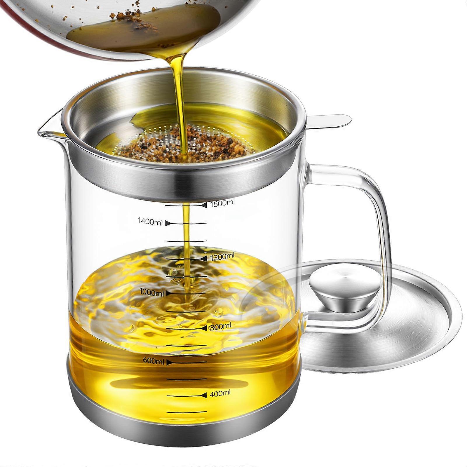1.5L Glass Bacon Grease Container with Fine Mesh Strainer, Cooking Oil Storage Jar with Lid