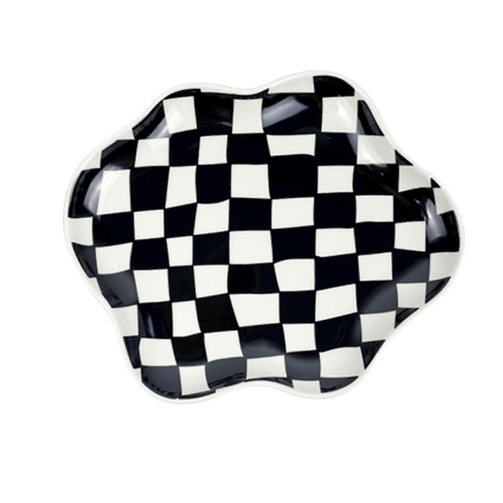 Ceramic Dinner Plate with Bold Black and White Checkered Design, Irregular Edge Tableware Black