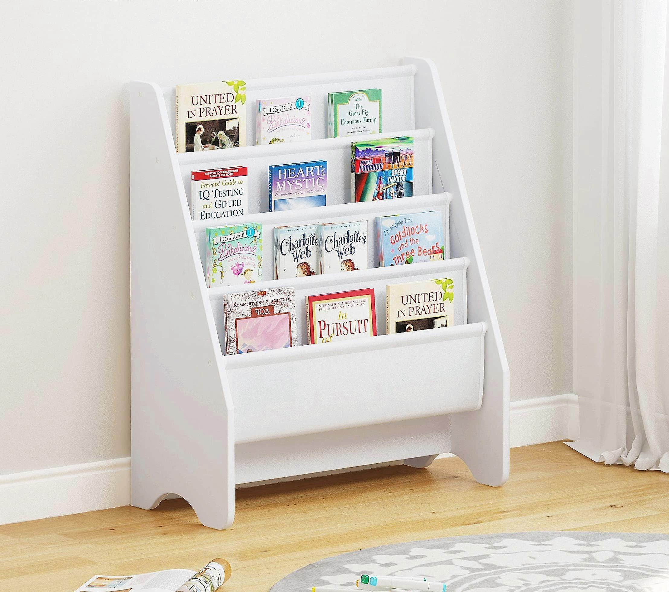 Kids Sling Bookshelf Organizer, 4Tier Wooden Toddler Bookcase with Soft Fabric Shelves, White