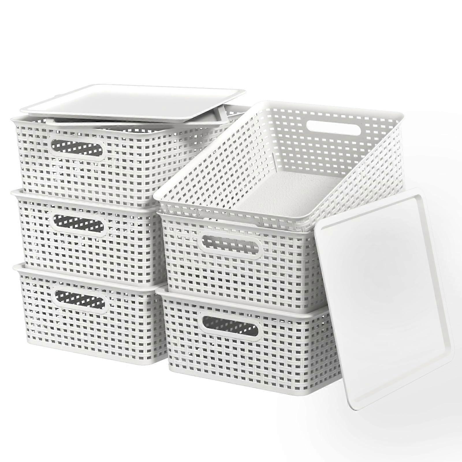 Plastic Woven Storage Baskets with Lids, Large White Stackable Bins with Handles, Set of 6