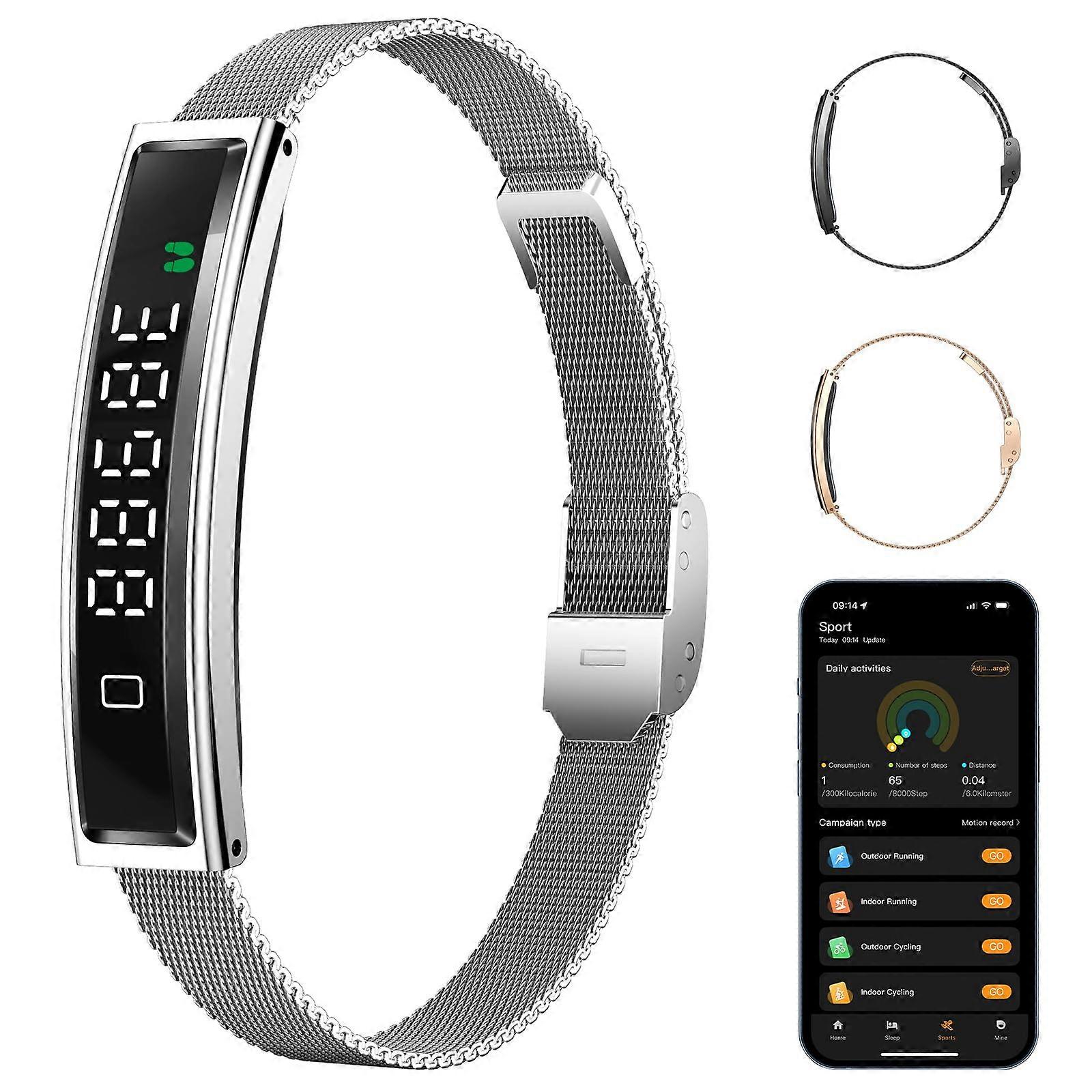 Smart Fitness Tracker with 5ATM Waterproof, Heart Rate and Sleep Monitor, Steel Band for iOS Android