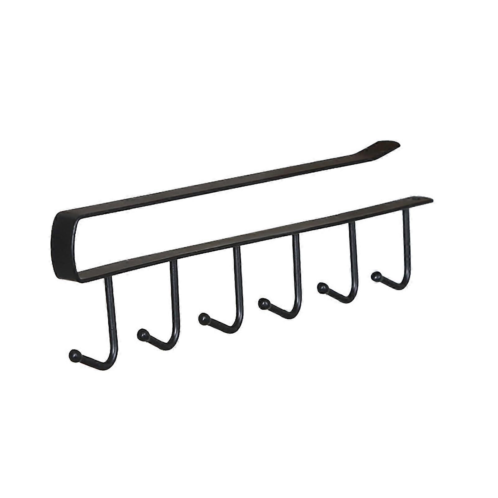 Kitchen Hook Rack Cup Holder with 6 Hooks, Under Cabinet or Wall Mounted Black Organizer