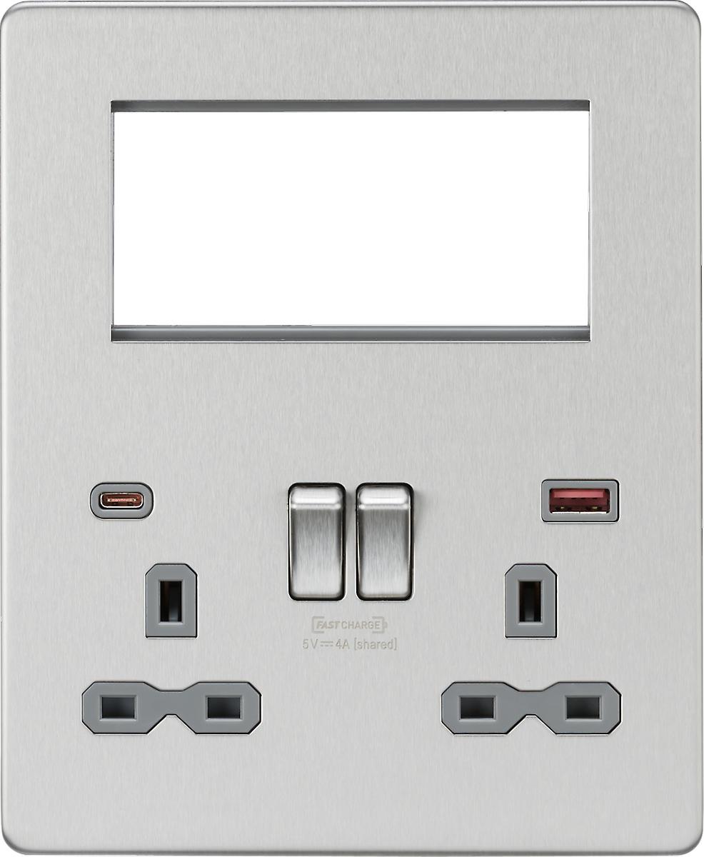 Screwless Small Multimedia Combination Plate with FASTCHARGE - Brushed Chrome 230V IP20