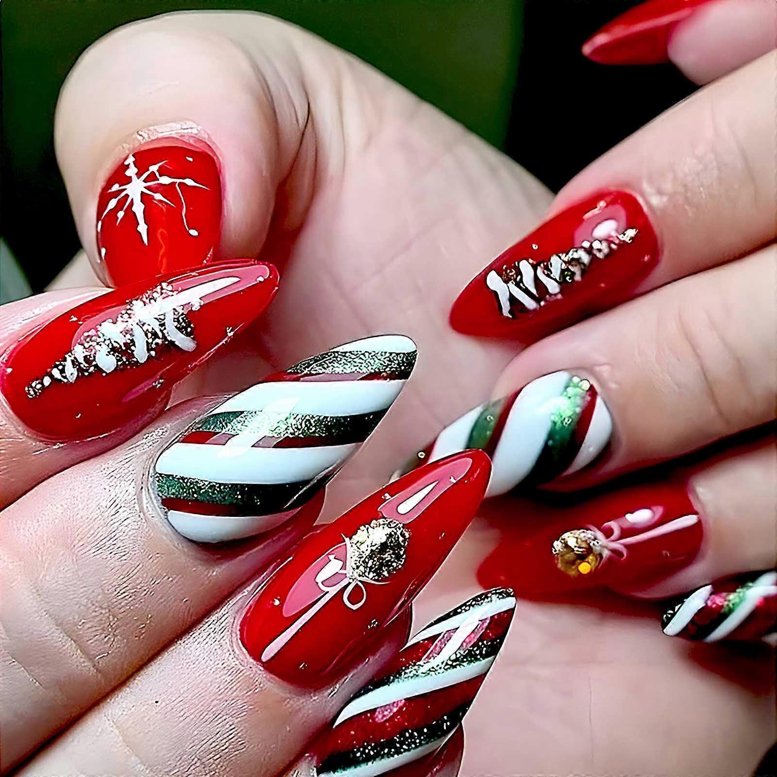 Red Cat Eye Medium Almond Press on Nails Christmas Snowflake Stripe Reusable False Nails Set