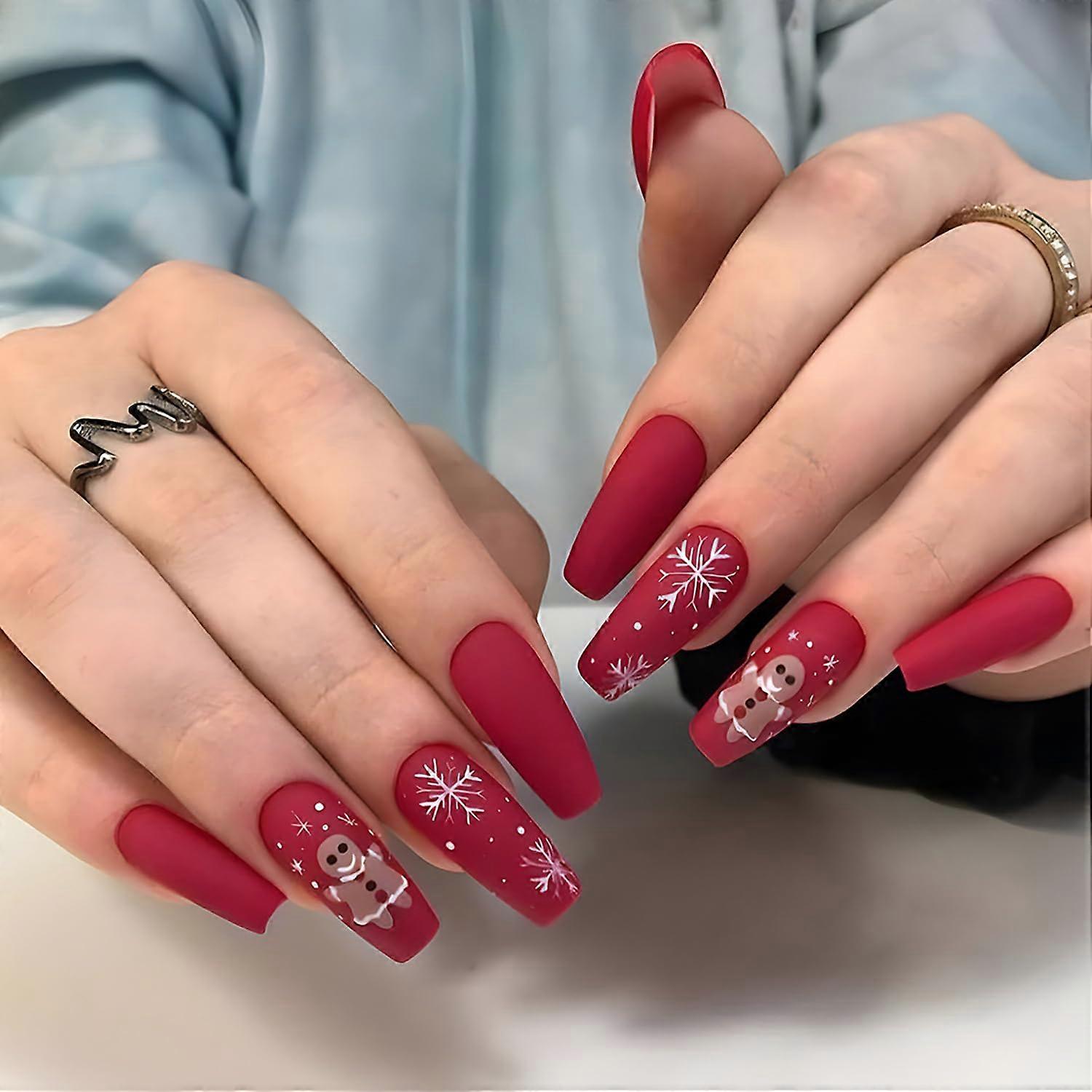 Christmas Press On Nails Coffin Shape Long Red Matte Snowflake Design Reusable 24 Pcs Set
