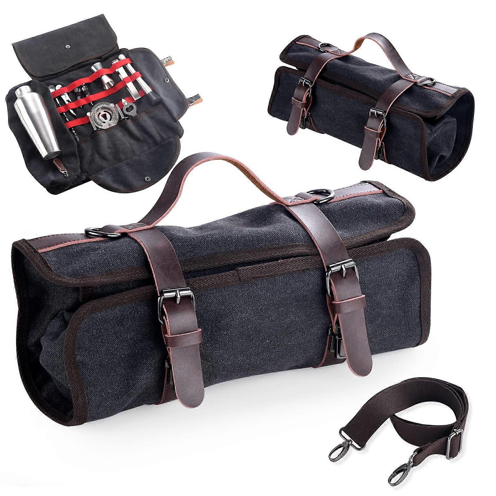 Bartender Travel Bag Canvas Bar Kit with Spacious Tool Organization and Leather Shoulder Straps
