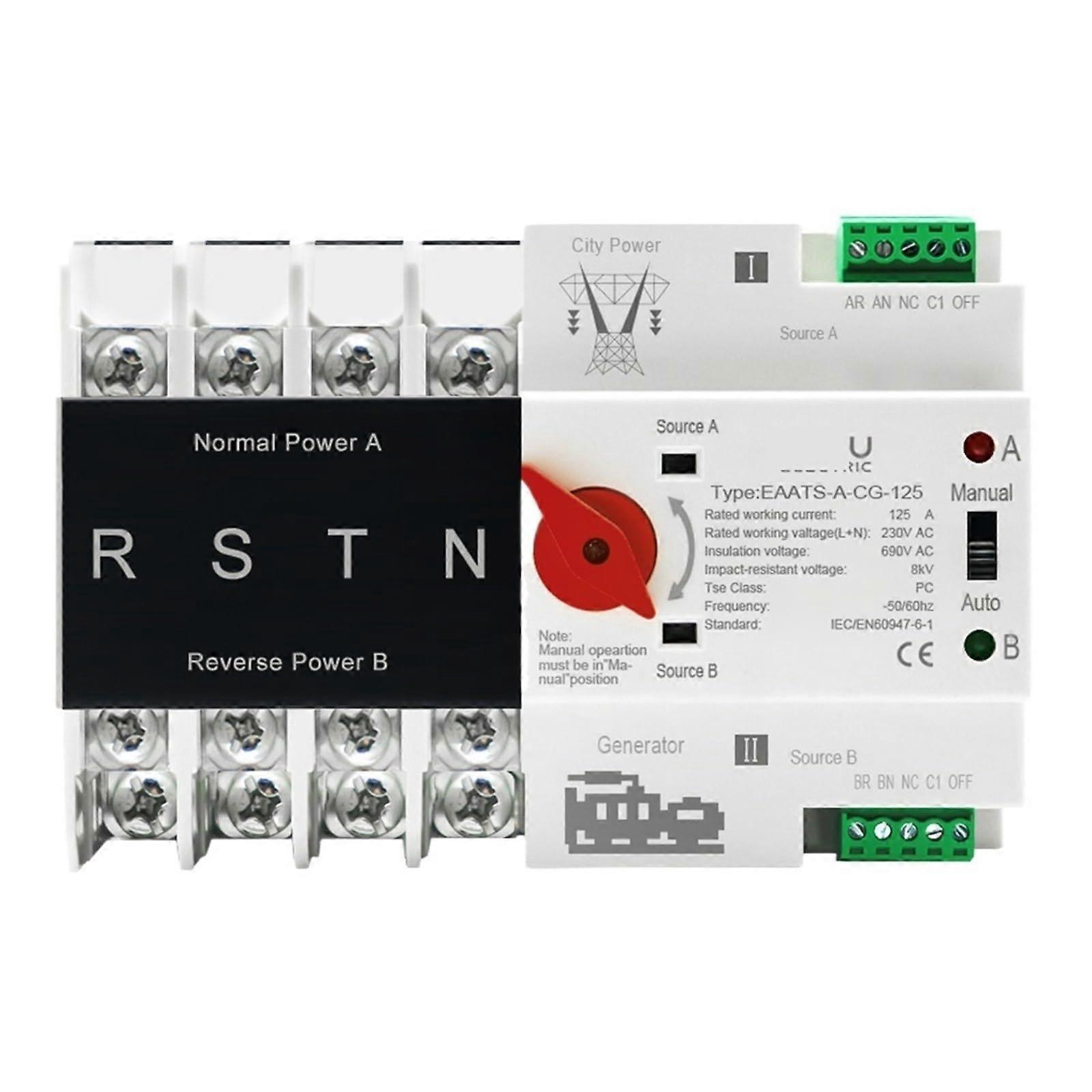 4 Pole 125A Automatic Transfer Switch 400V AC DIN Rail Mounted ATS for Three Phase Systems