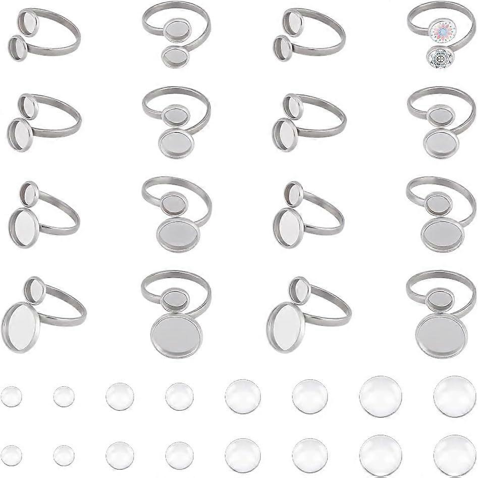 16 Sets 4 sides Finger Ring Blank Base Adjustable Cuff Ring Settings Cabochon Ring BaseStainless Steel Flat Round Pad making kit