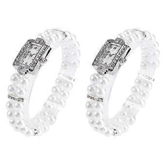 Witte parelarmbandhorloge voor dames, casual horlogeset van 2 stuks.