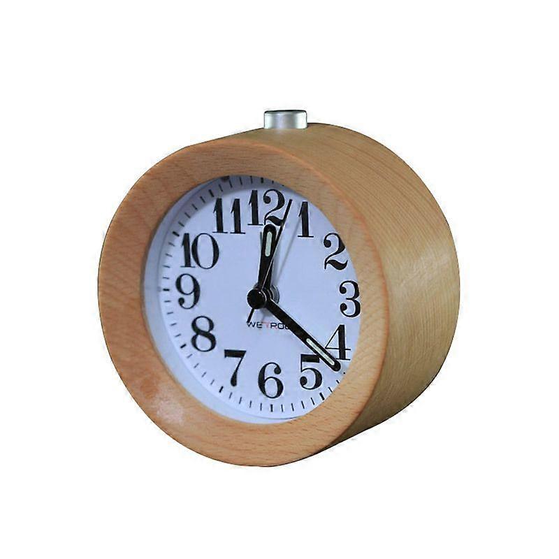 Solid wood silent bedside clock, creative small round pointer alarm clock, luminous wooden clock, modern style.