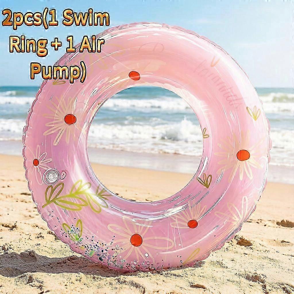 2 Piece Daisy Sequin Swim Ring Air Pump Glitter PVC Pool Float Set