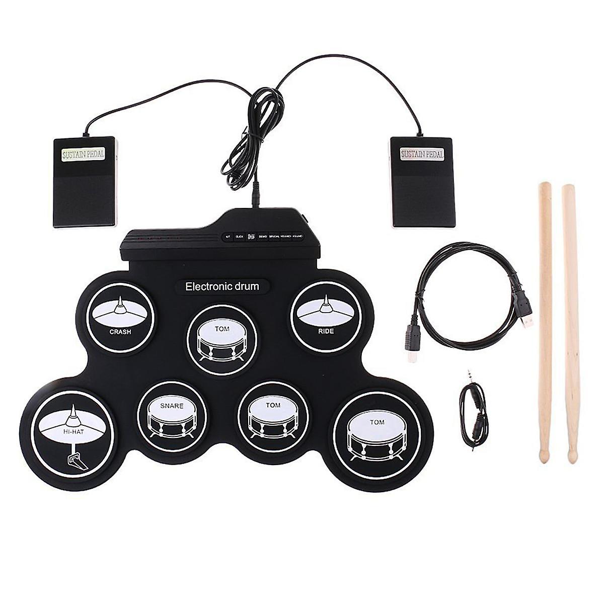 Electronic Music Drums Hand Roll USB Silicon Drum Portable Practice Drums Kit 7-Pad Kit with Drumst