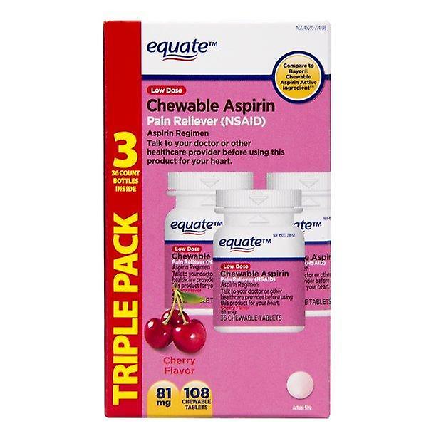 Equate Low Dose Chewable Aspirin 81 Mg Tablets, Cherry Flavor, Pain Reliever, For Adults, 36 Count, 3 Pack