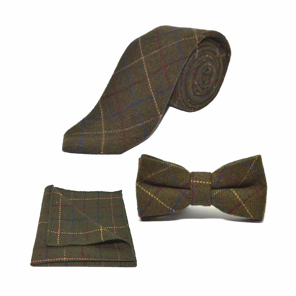 Heritage Check Regency Green Bow Tie, Tie &amp; Pocket Square Set