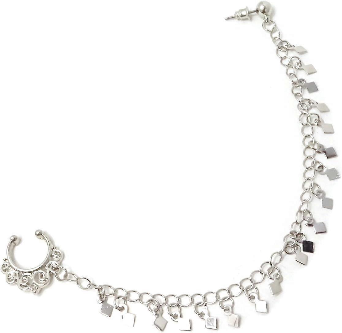 Body Jewelry Fake Spacer No Piercing Nose Ring with Chain Nose to Ear Chain with Fringe(Silver)