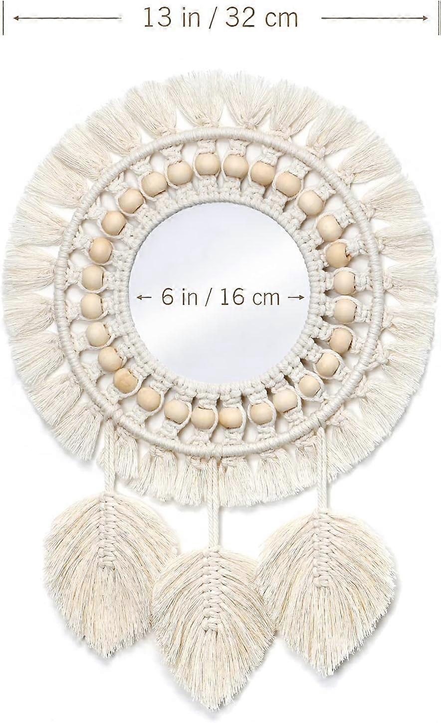 Hanging Wall Mirror with Macrame Fringe Round Decoration Boho Antique ...