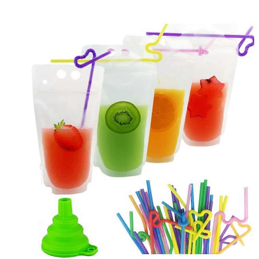 100 Pcs Sachets De Boisson avec Paille Stand-Up Jus Sachets Sacs, Sacs De Smoothie Fermeture À Glissière Refermables avec 1