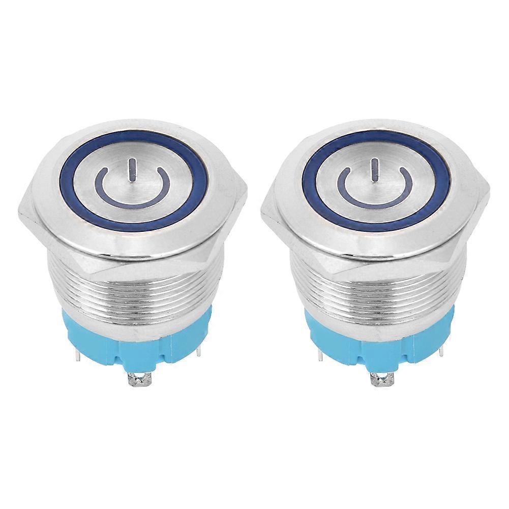 2 Pcs Button Switch Flat Head Self Reset IP65 220VAC 22mm 4 Pin Switch with Light(Blue )