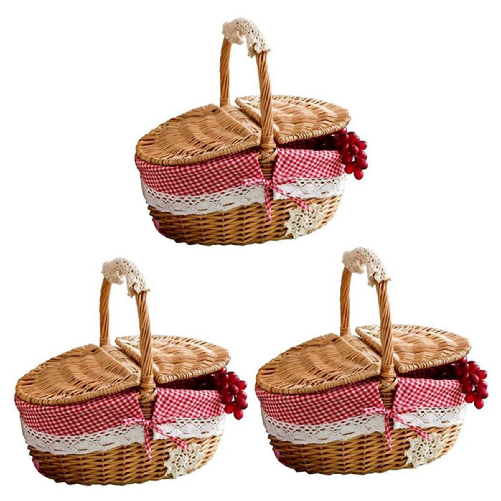 3X Hand Made Wicker Basket Wicker Camping Picnic Basket Shopping Storage Hamper and Handle Wooden W