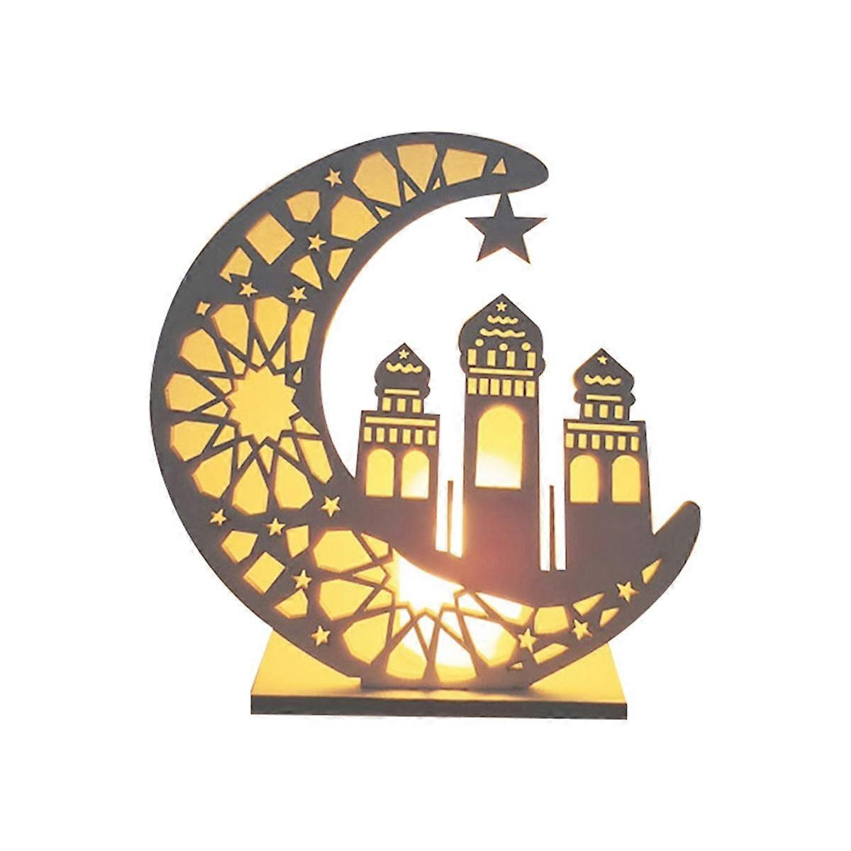 Wooden Crafts Ornament Lamp Middle East Festival Eid Decorative Lamp Moon LED Decorative Lamps, C