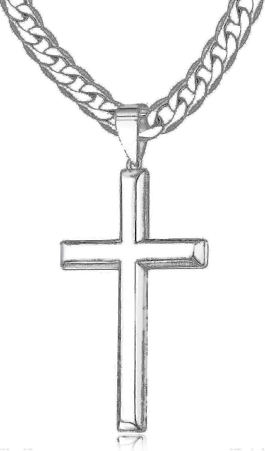 925纯银十字项链男士女士45mm不锈钢高度抛光古巴链条18k白金镀斜边十字架