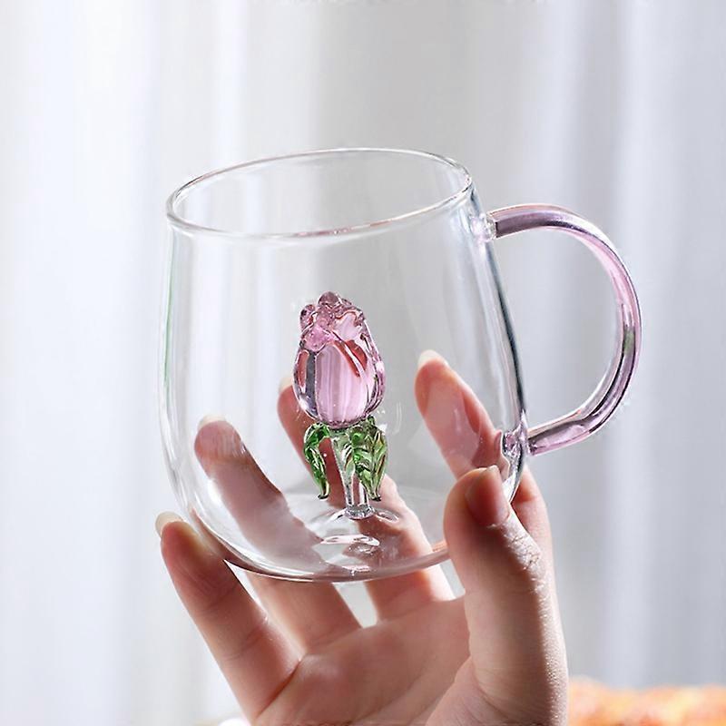 3D Rose Glass Cup with Handle Household Breakfast Cup for Juice Coffee Clear Mug cute Tea Milk Cup copas de cristal de colores