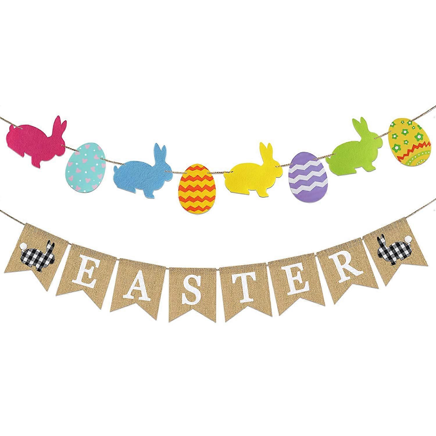 2 PCS Easter Burlap Banner, Easter Bunny Bunting Garland, Colorful Easter Rabbit Eggs Bunny Banner, Rustic Easter Decorations, Spring Easter Party Sup